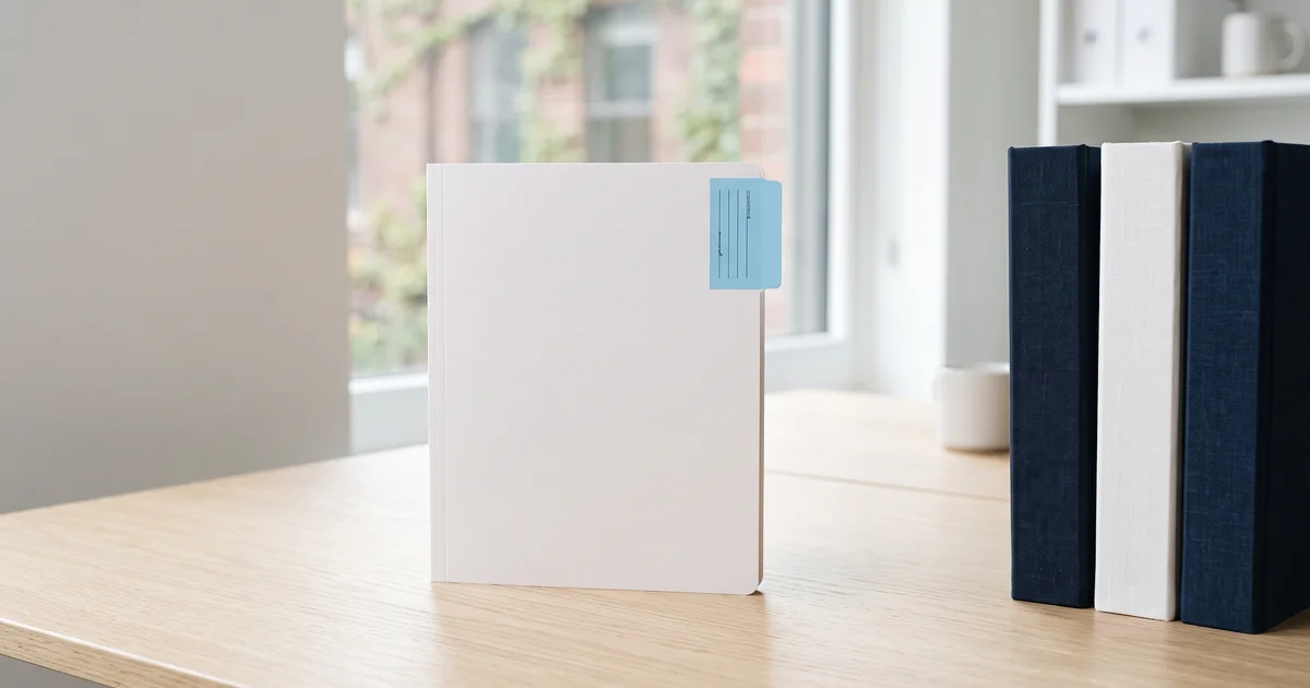 A single white folder with a sky blue tab standing apart from a row of navy and white binders on a light oak desk, suggesting one workflow chosen from many.