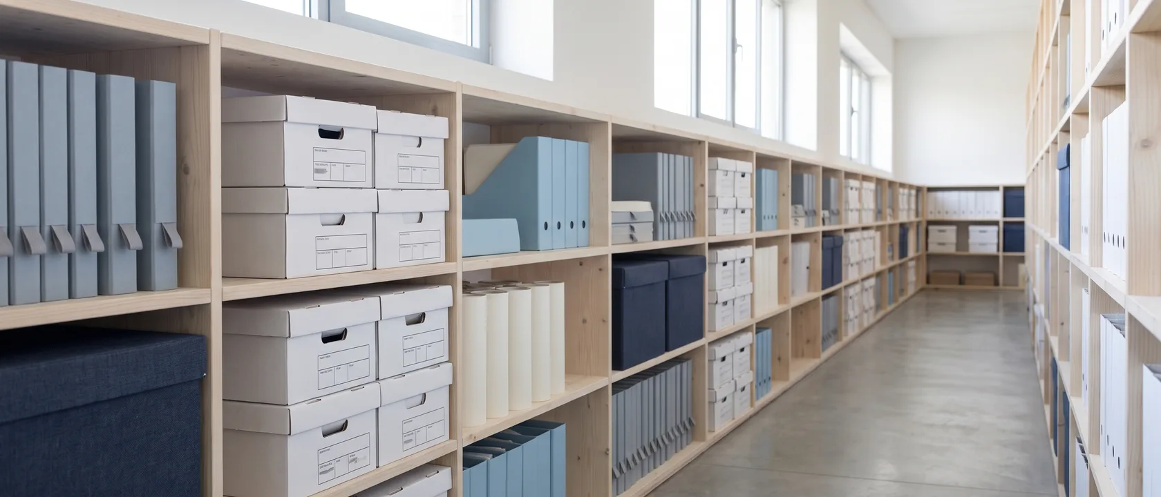 A bright, orderly records room with long rows of white archive boxes and tabbed binders on pale shelving.