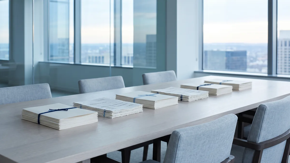 A quiet glass-walled conference room in a modern law office at early morning, with neat stacks of documents on a long table.