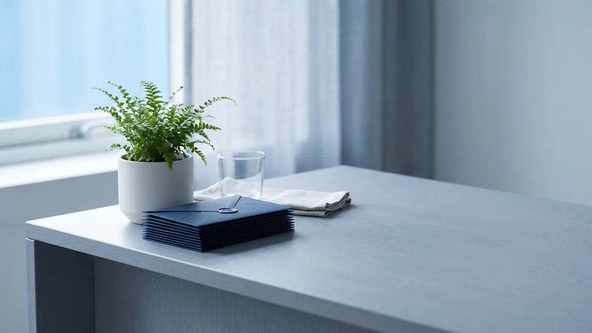 A modern law office reception desk with a neat stack of sealed envelopes and a small plant.