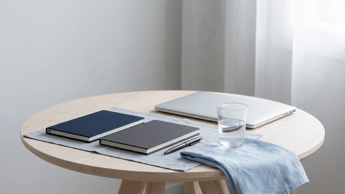 A small meeting table set for a short consultation with notebooks, a pen, and a glass of water.