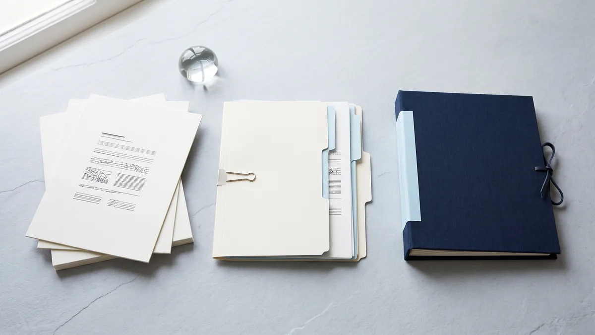 Three stacks of paper on a pale surface, moving from loose pages to tabbed files to a bound packet.