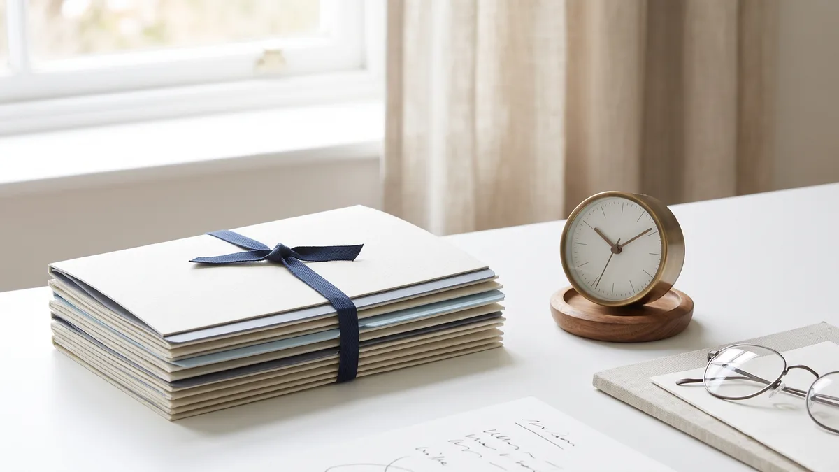A neat stack of tabbed files beside a small brass desk clock on a clean white desk.