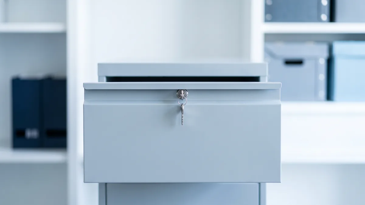A locked steel filing cabinet drawer with a key in the lock in a bright records room.