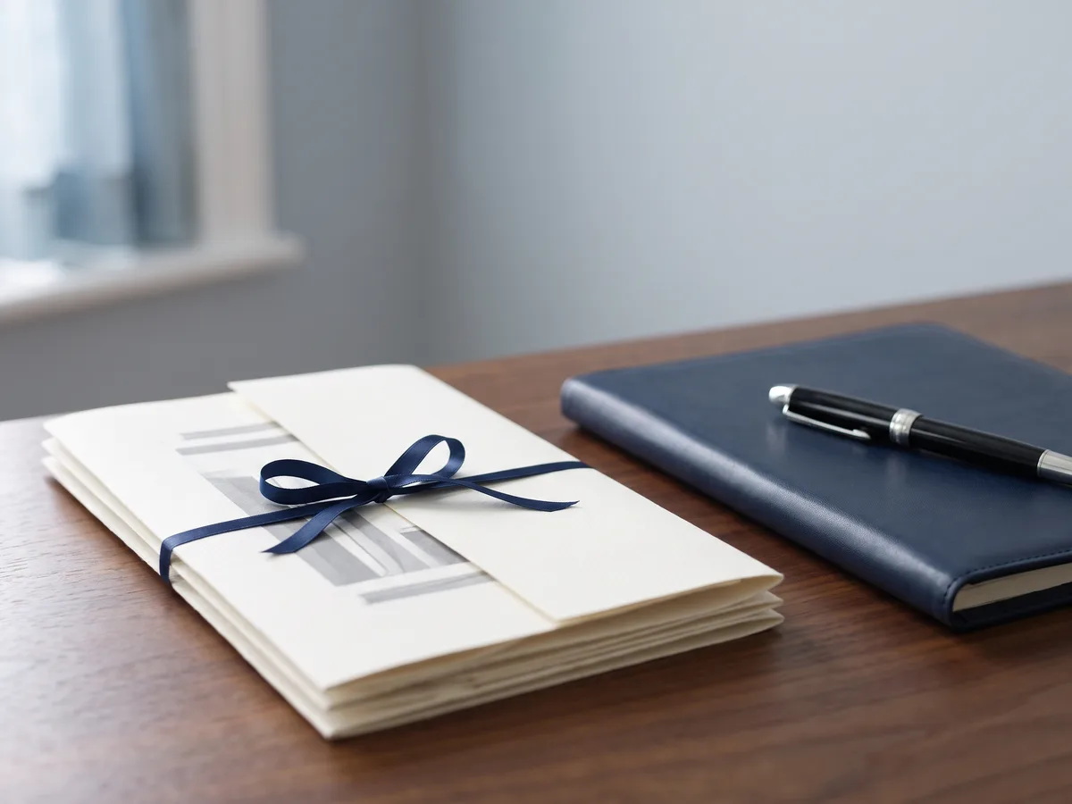A cream estate planning document tied with a navy ribbon beside a leather folio and fountain pen.