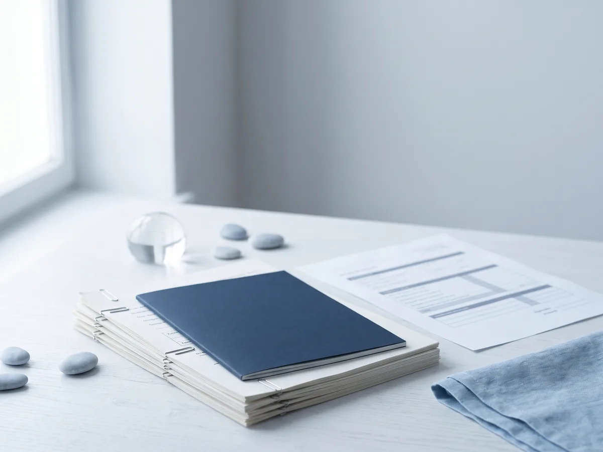 An organized immigration case packet: forms held with paper clips beside a plain navy booklet on a white desk.