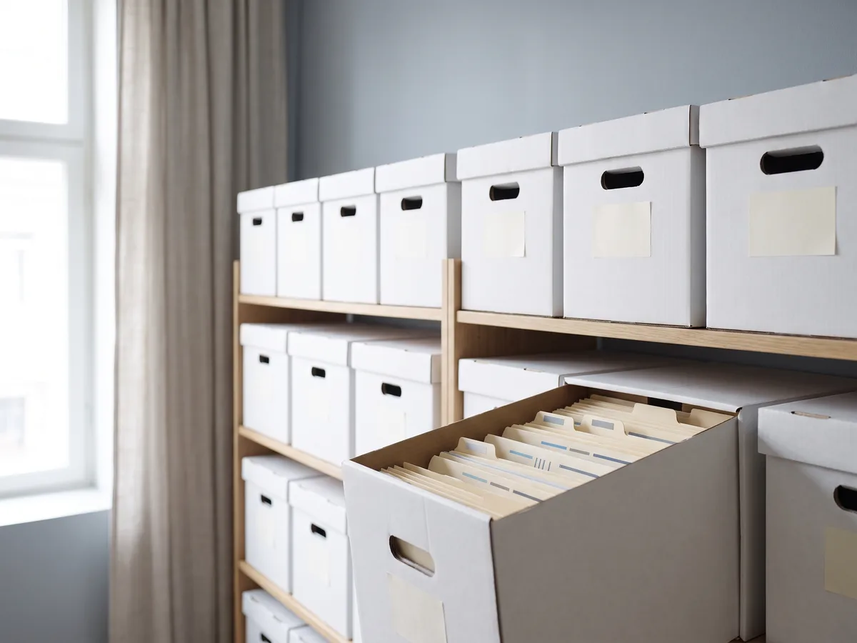Rows of white archive boxes on light shelving, one open to show neatly tabbed discovery folders.