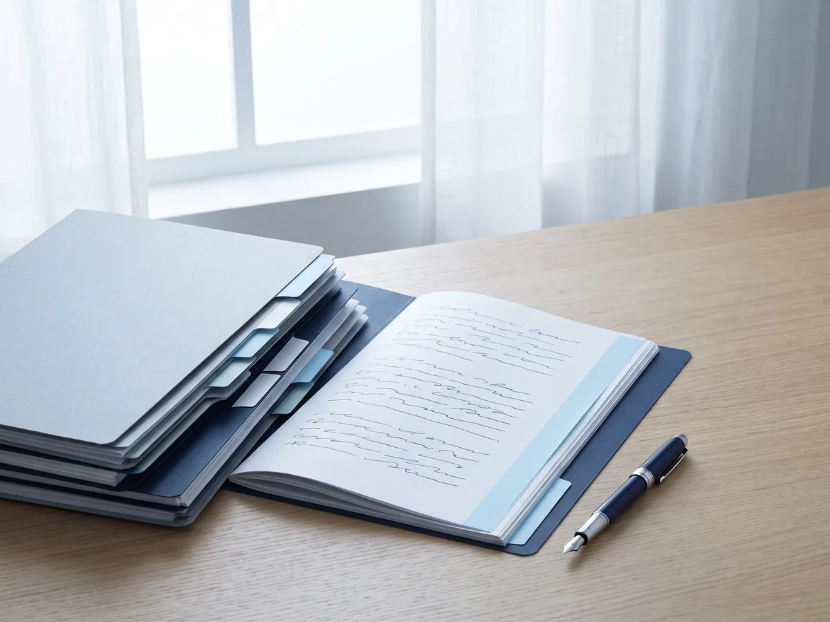 Medical record folders with colored index tabs stacked on a light oak desk beside a fountain pen.