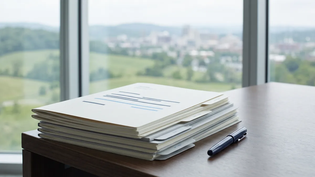 A law office desk with neatly stacked case files beside a window looking out on Alabama scenery.