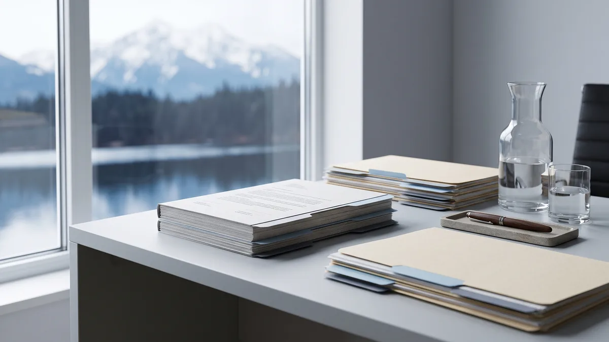 A law office desk with neatly stacked case files beside a window looking out on Alaska scenery.