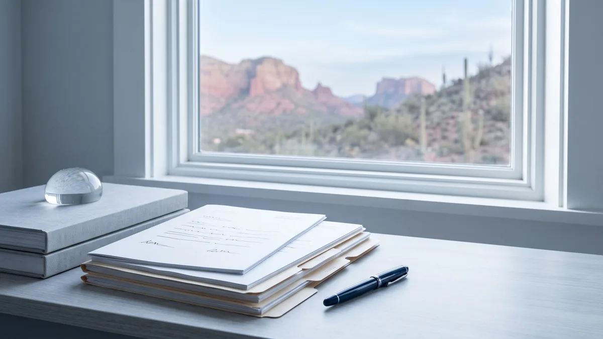 A law office desk with neatly stacked case files beside a window looking out on Arizona scenery.