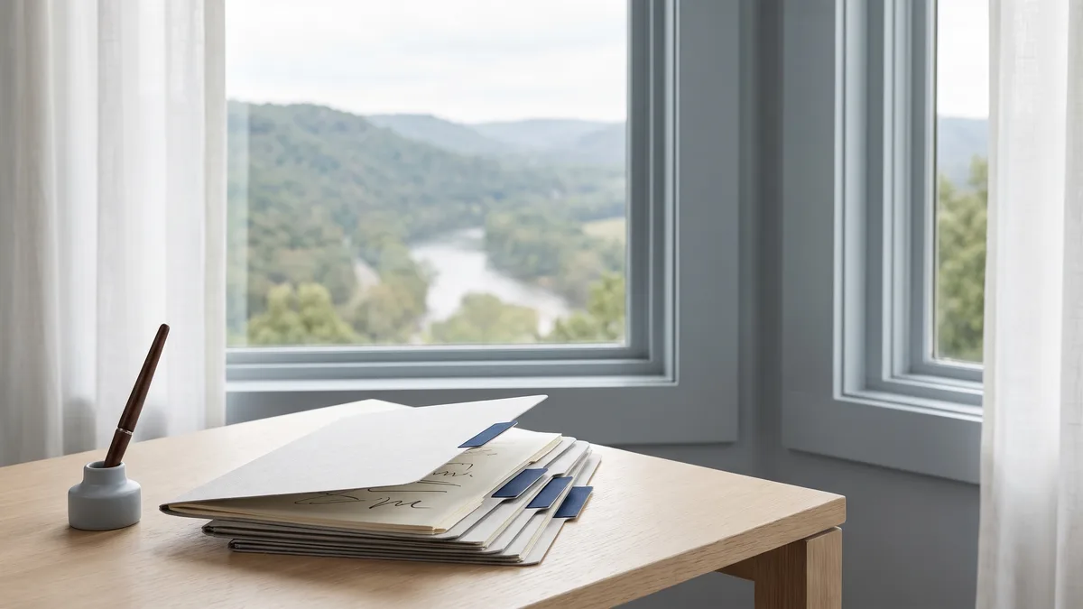 A law office desk with neatly stacked case files beside a window looking out on Arkansas scenery.