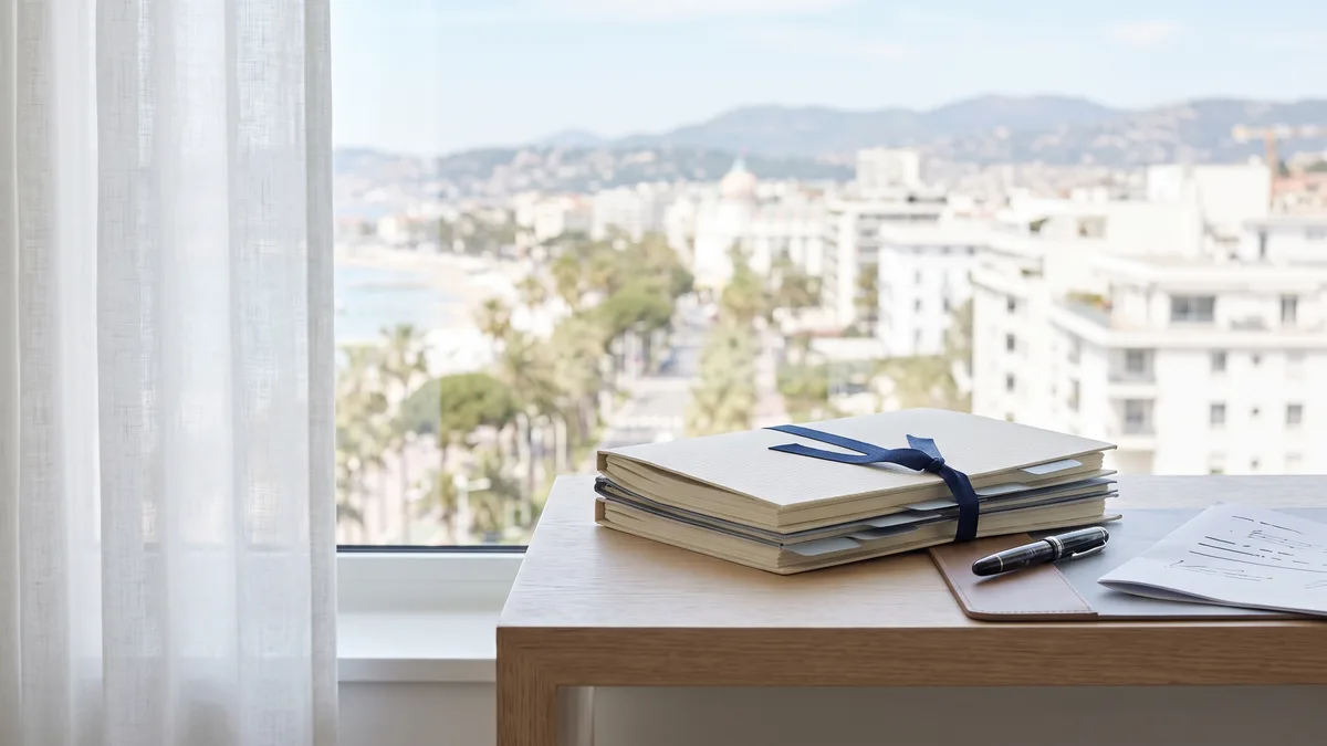 A law office desk with neatly stacked case files beside a window looking out on California scenery.