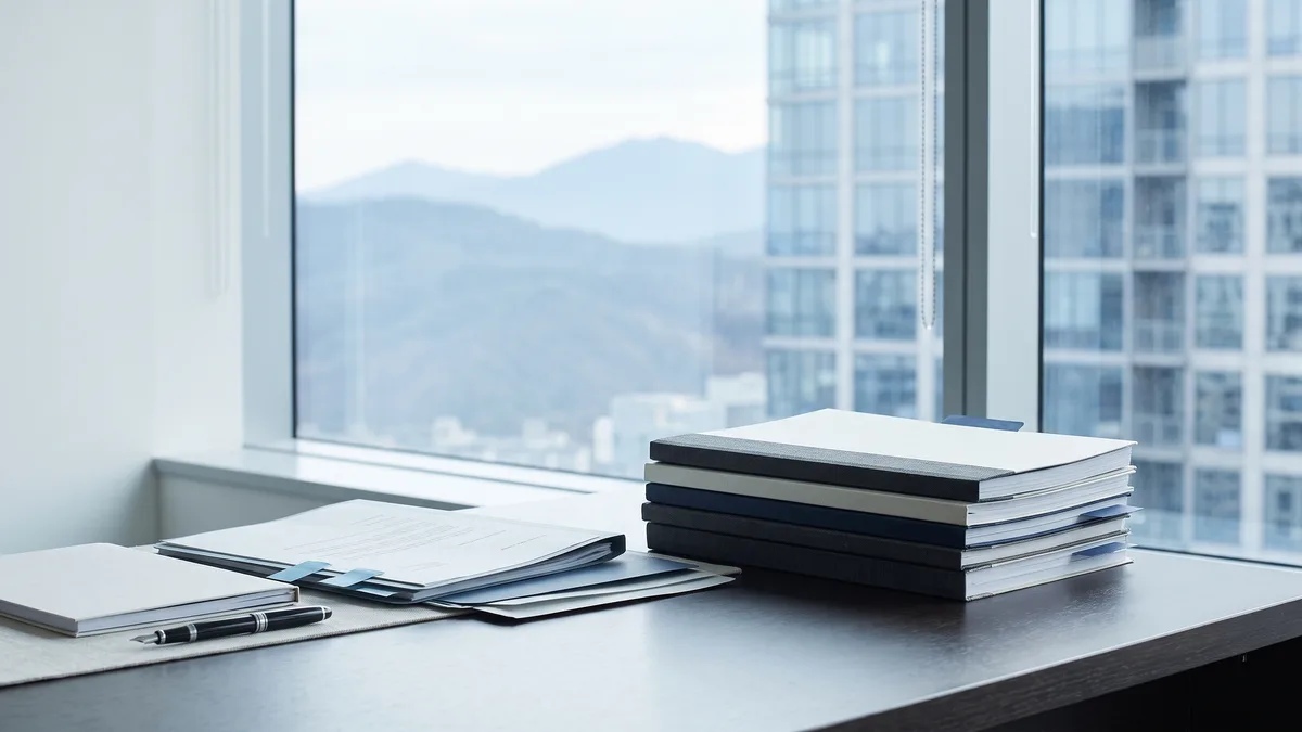 A law office desk with neatly stacked case files beside a window looking out on Colorado scenery.