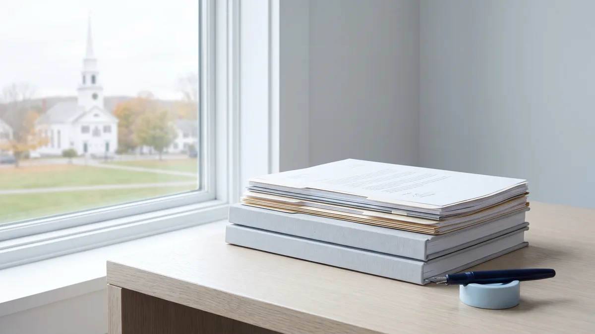 A law office desk with neatly stacked case files beside a window looking out on Connecticut scenery.