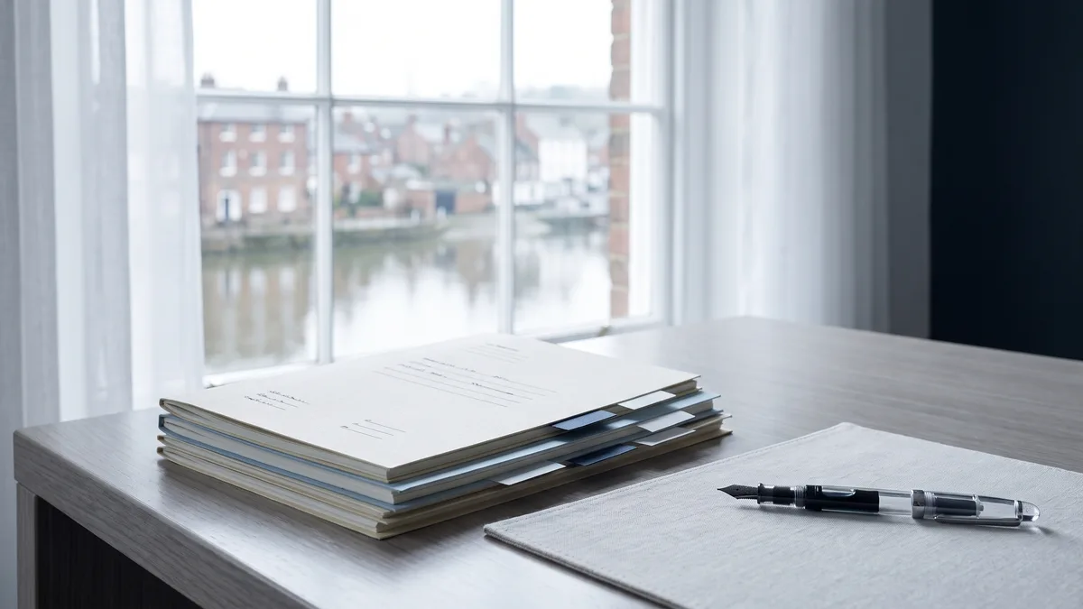 A law office desk with neatly stacked case files beside a window looking out on Delaware scenery.