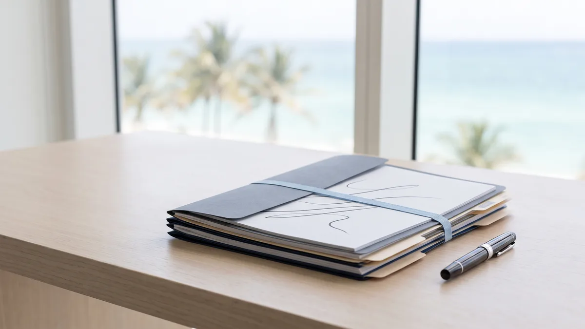 A law office desk with neatly stacked case files beside a window looking out on Florida scenery.