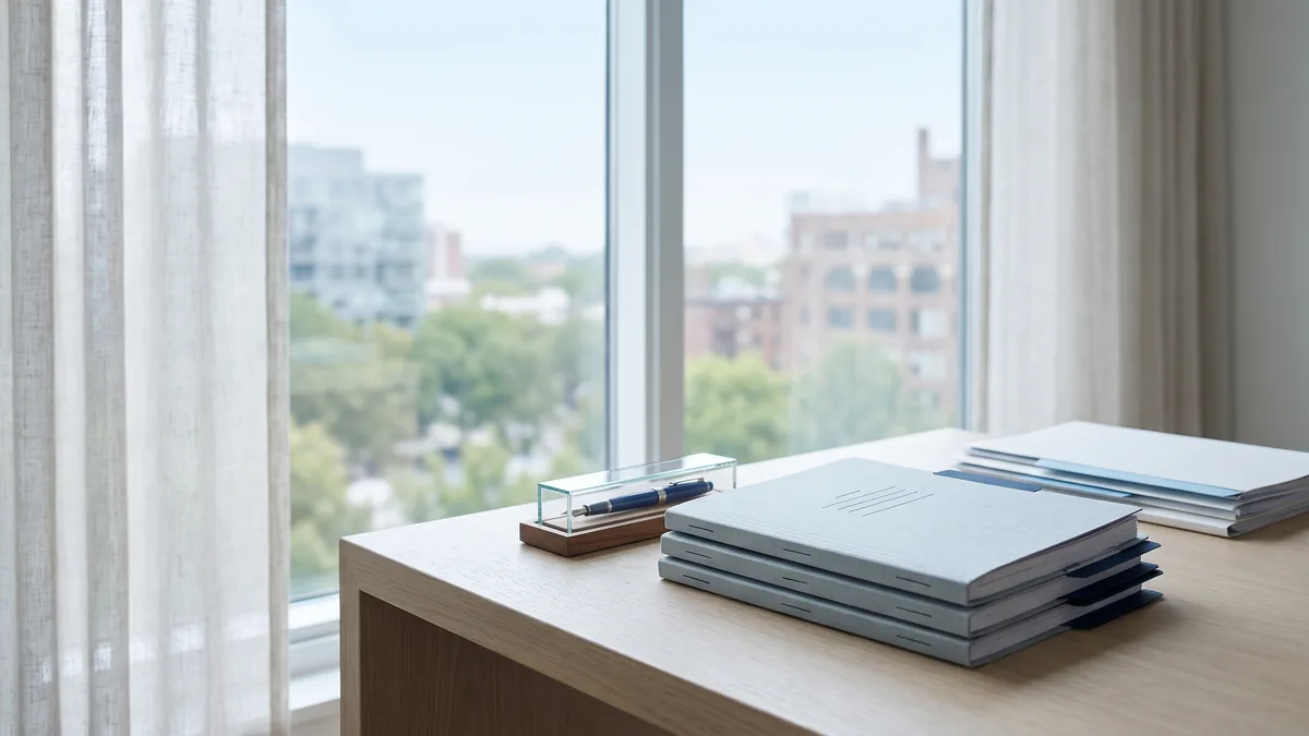 A law office desk with neatly stacked case files beside a window looking out on Georgia scenery.