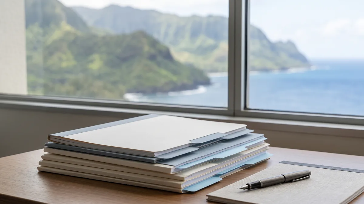 A law office desk with neatly stacked case files beside a window looking out on Hawaii scenery.