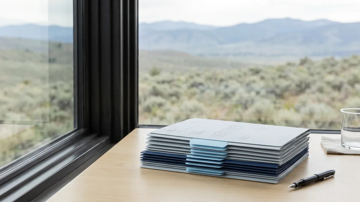 A law office desk with neatly stacked case files beside a window looking out on Idaho scenery.