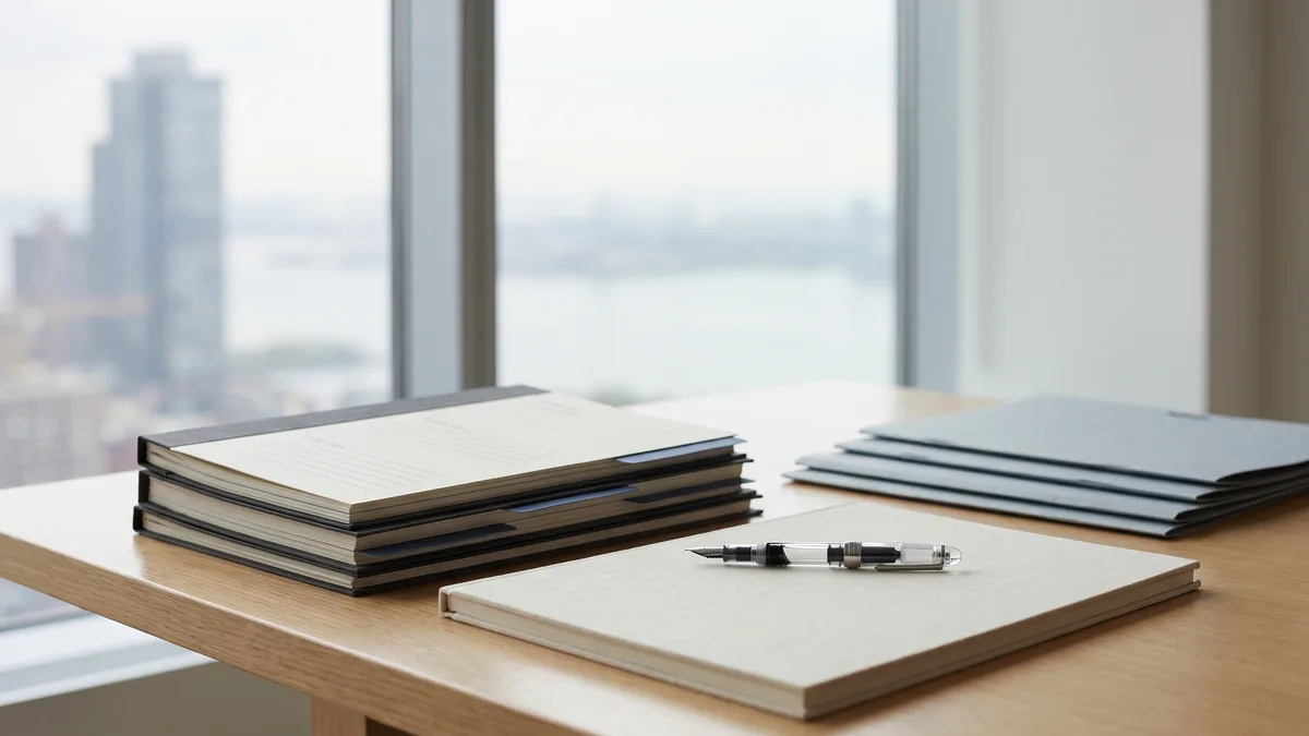 A law office desk with neatly stacked case files beside a window looking out on Illinois scenery.