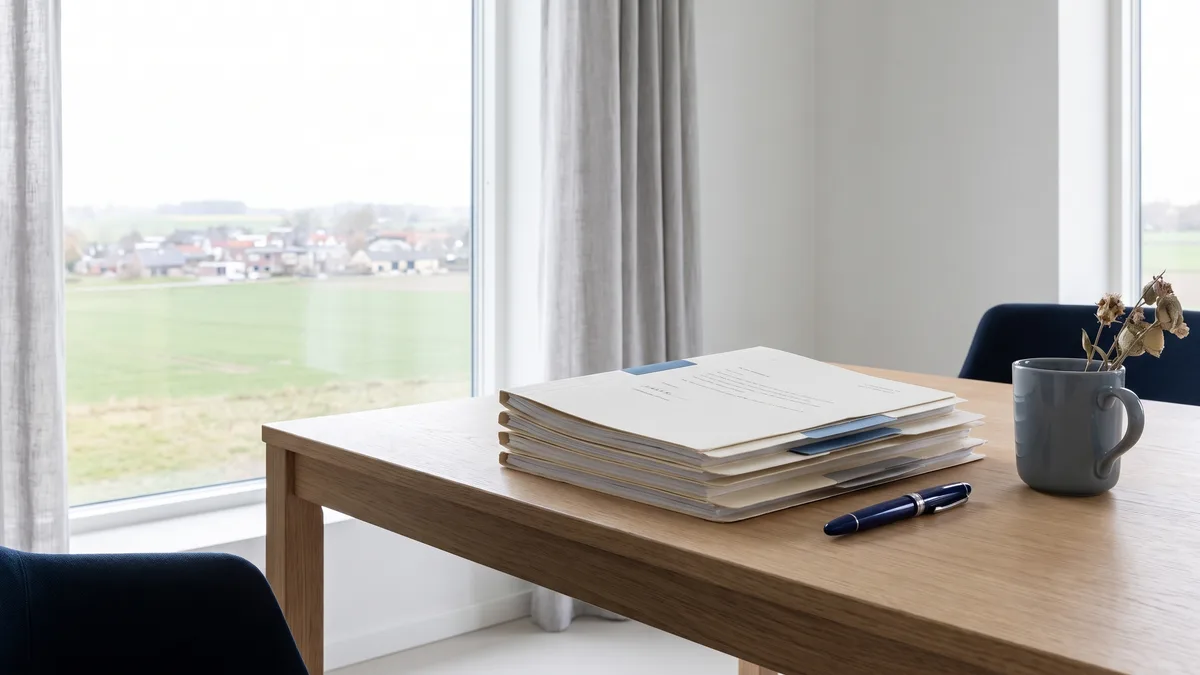 A law office desk with neatly stacked case files beside a window looking out on Indiana scenery.