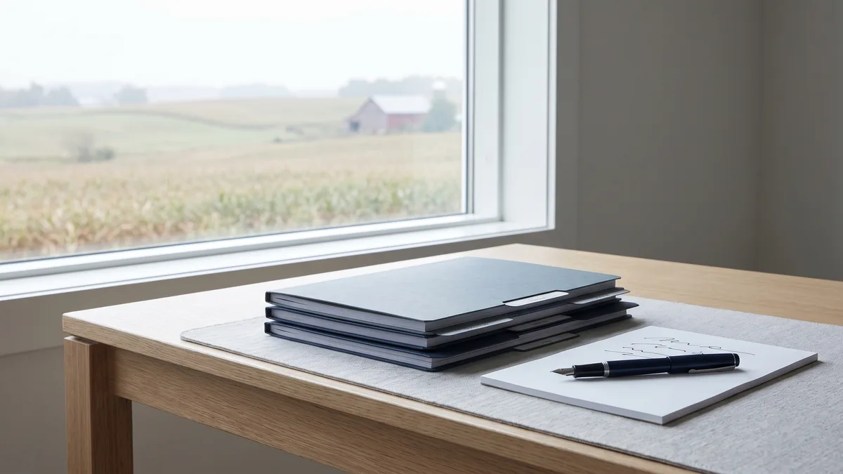 A law office desk with neatly stacked case files beside a window looking out on Iowa scenery.