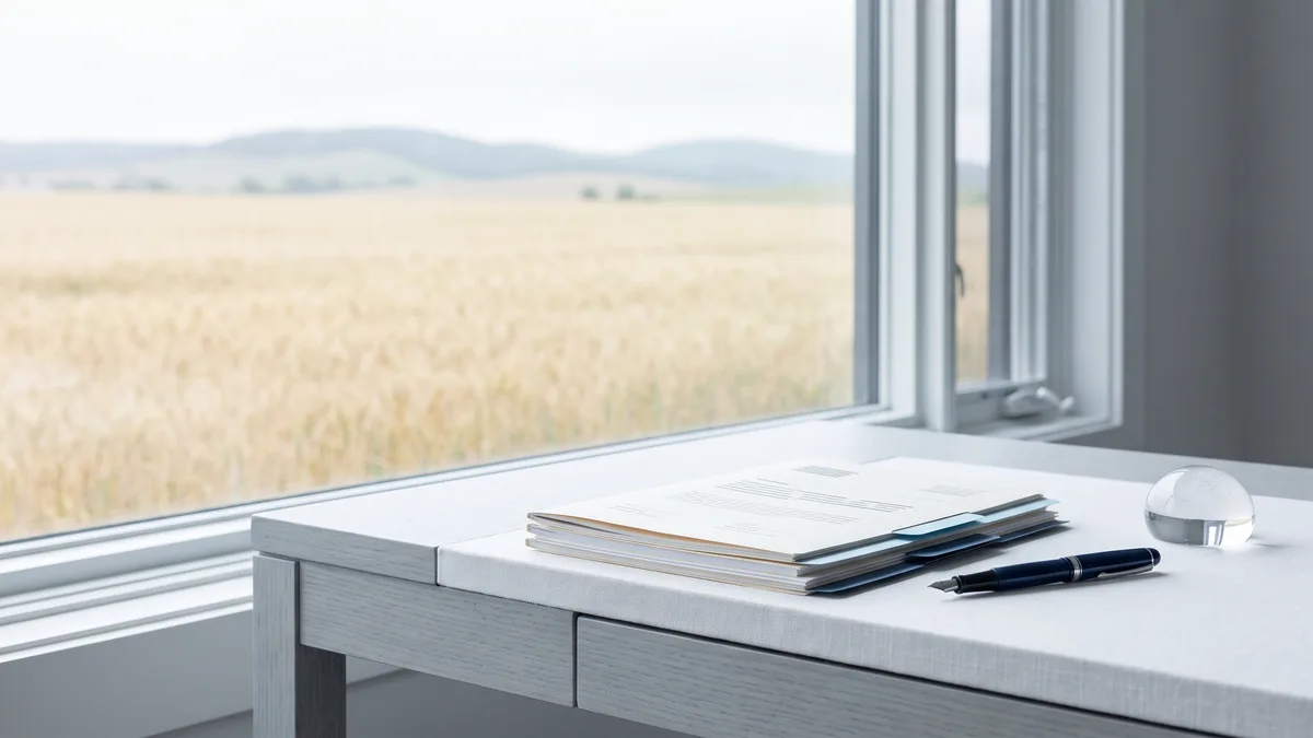 A law office desk with neatly stacked case files beside a window looking out on Kansas scenery.