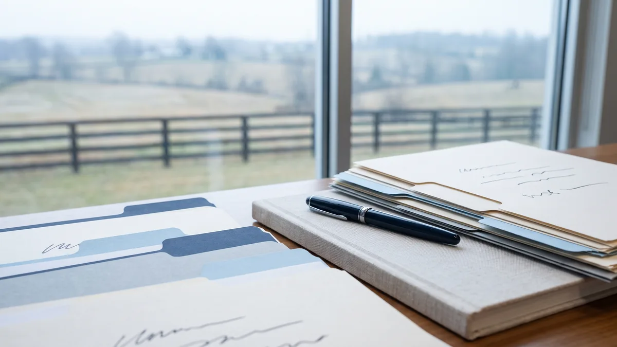 A law office desk with neatly stacked case files beside a window looking out on Kentucky scenery.