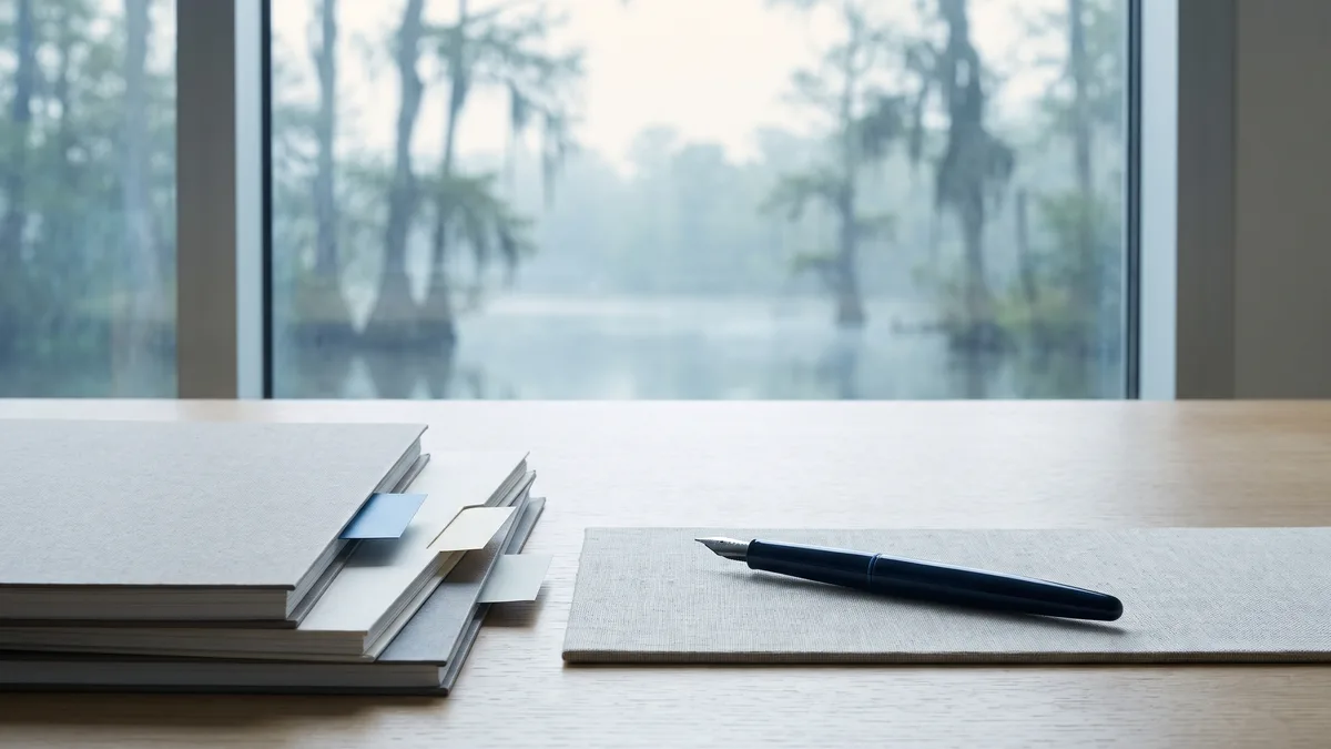 A law office desk with neatly stacked case files beside a window looking out on Louisiana scenery.