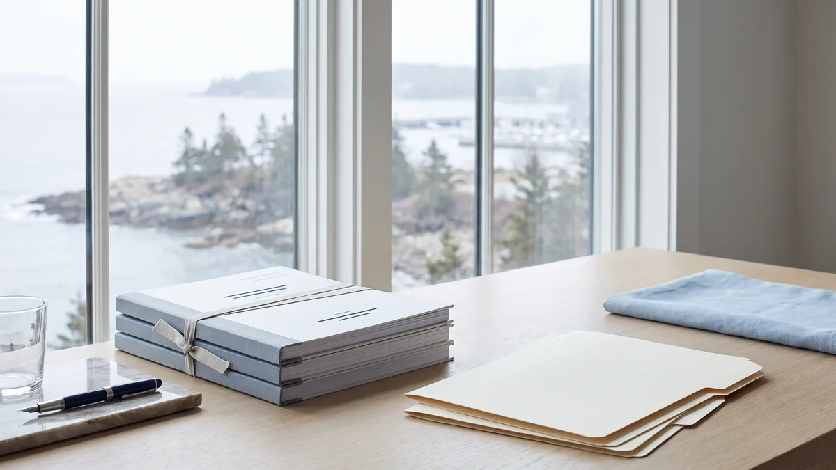 A law office desk with neatly stacked case files beside a window looking out on Maine scenery.