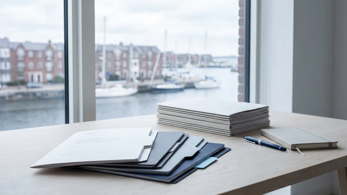 A law office desk with neatly stacked case files beside a window looking out on Maryland scenery.