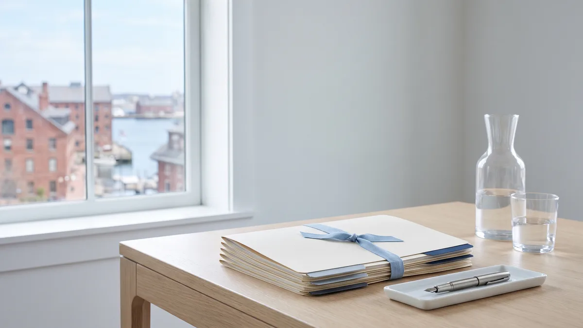A law office desk with neatly stacked case files beside a window looking out on Massachusetts scenery.