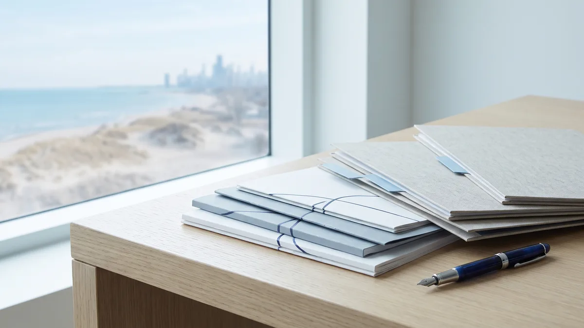 A law office desk with neatly stacked case files beside a window looking out on Michigan scenery.