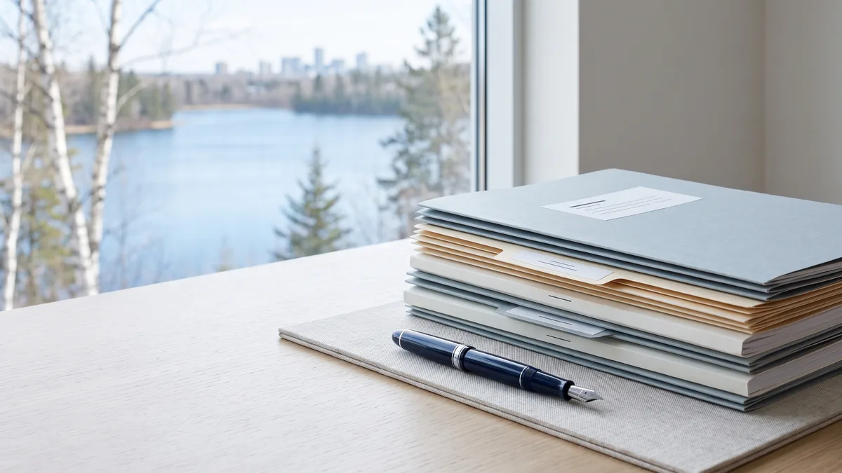 A law office desk with neatly stacked case files beside a window looking out on Minnesota scenery.