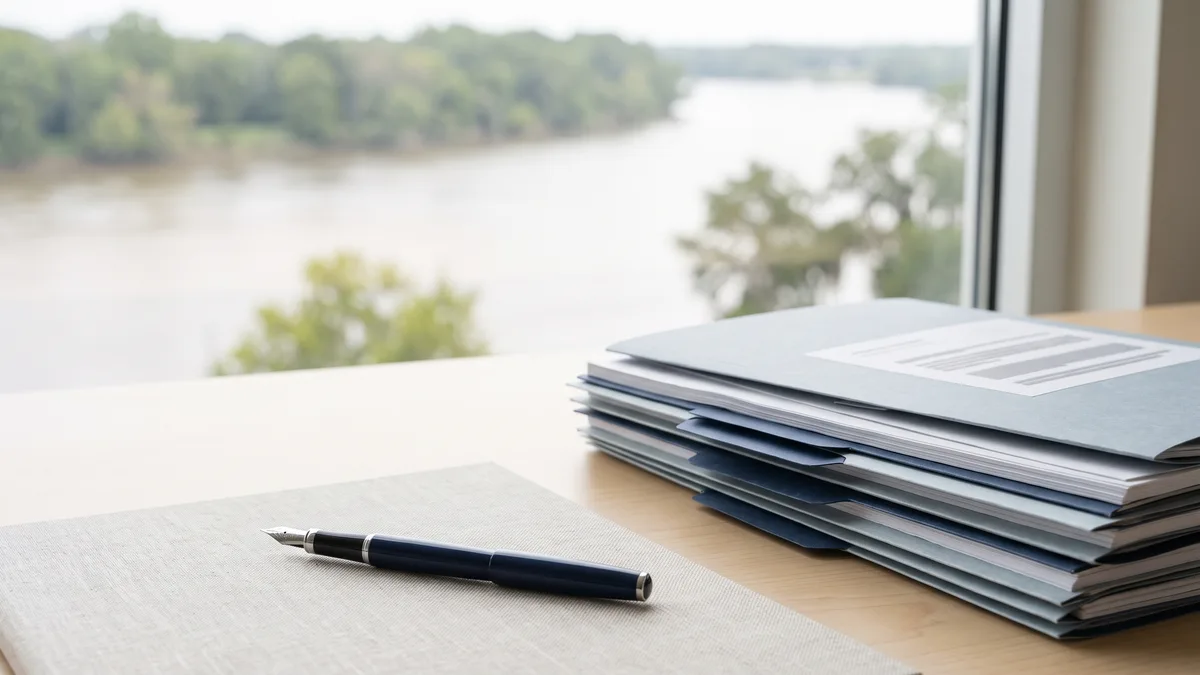 A law office desk with neatly stacked case files beside a window looking out on Mississippi scenery.