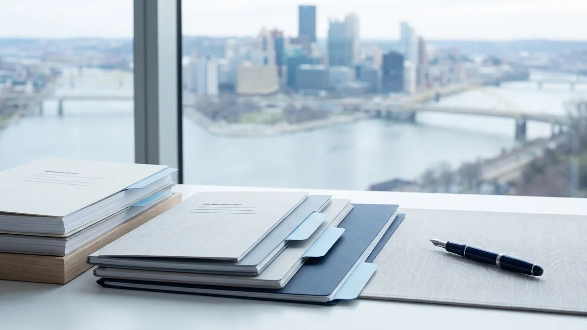 A law office desk with neatly stacked case files beside a window looking out on Missouri scenery.