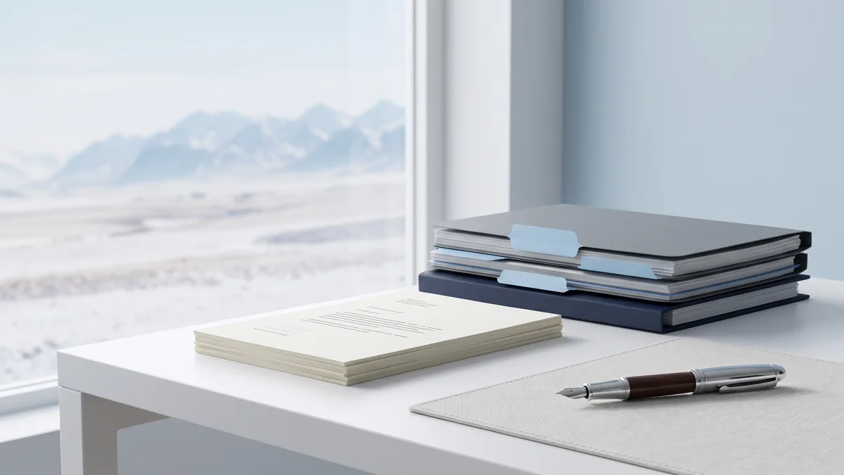 A law office desk with neatly stacked case files beside a window looking out on Montana scenery.
