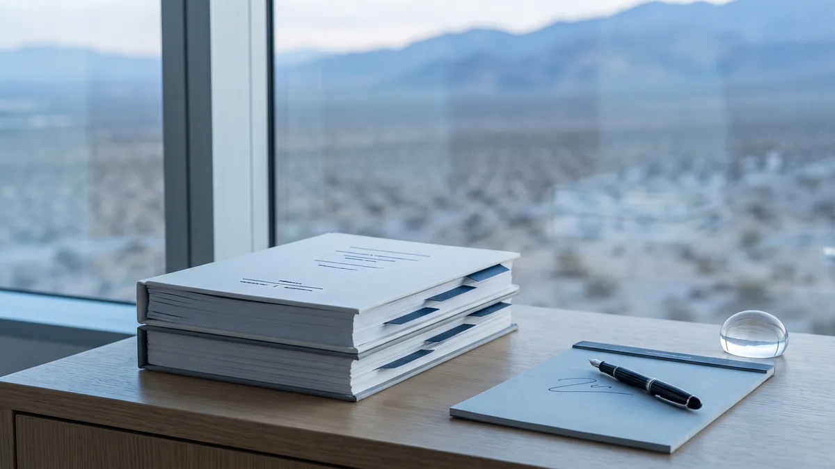 A law office desk with neatly stacked case files beside a window looking out on Nevada scenery.