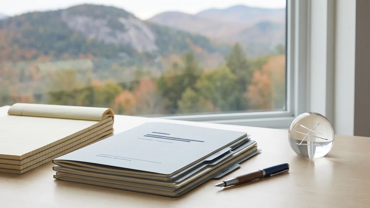 A law office desk with neatly stacked case files beside a window looking out on New Hampshire scenery.