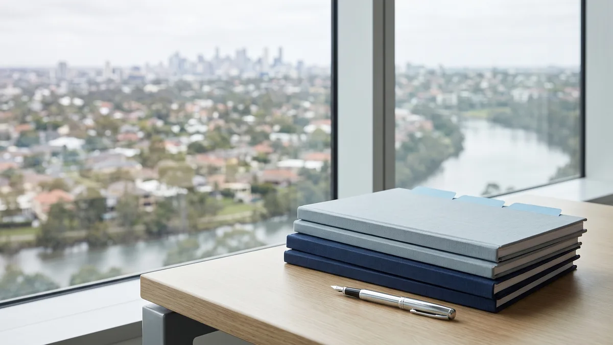 A law office desk with neatly stacked case files beside a window looking out on New Jersey scenery.