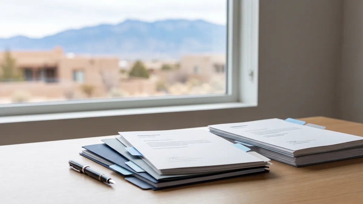 A law office desk with neatly stacked case files beside a window looking out on New Mexico scenery.