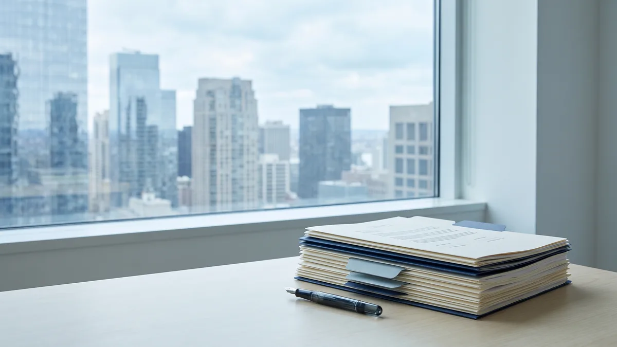 A law office desk with neatly stacked case files beside a window looking out on New York scenery.