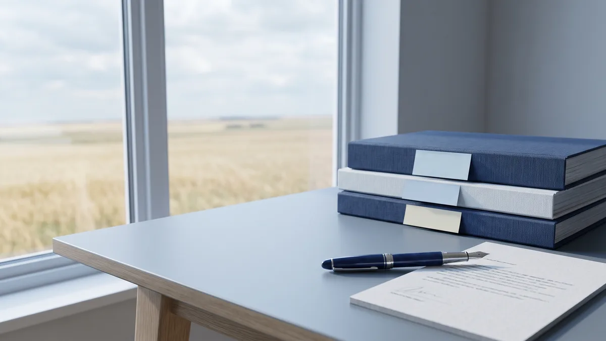 A law office desk with neatly stacked case files beside a window looking out on North Dakota scenery.