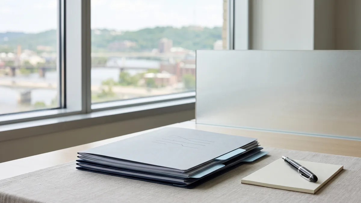 A law office desk with neatly stacked case files beside a window looking out on Ohio scenery.