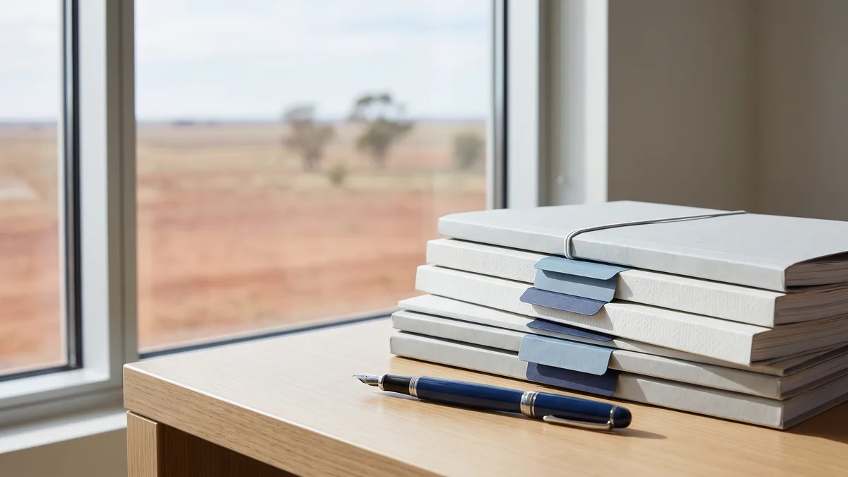A law office desk with neatly stacked case files beside a window looking out on Oklahoma scenery.