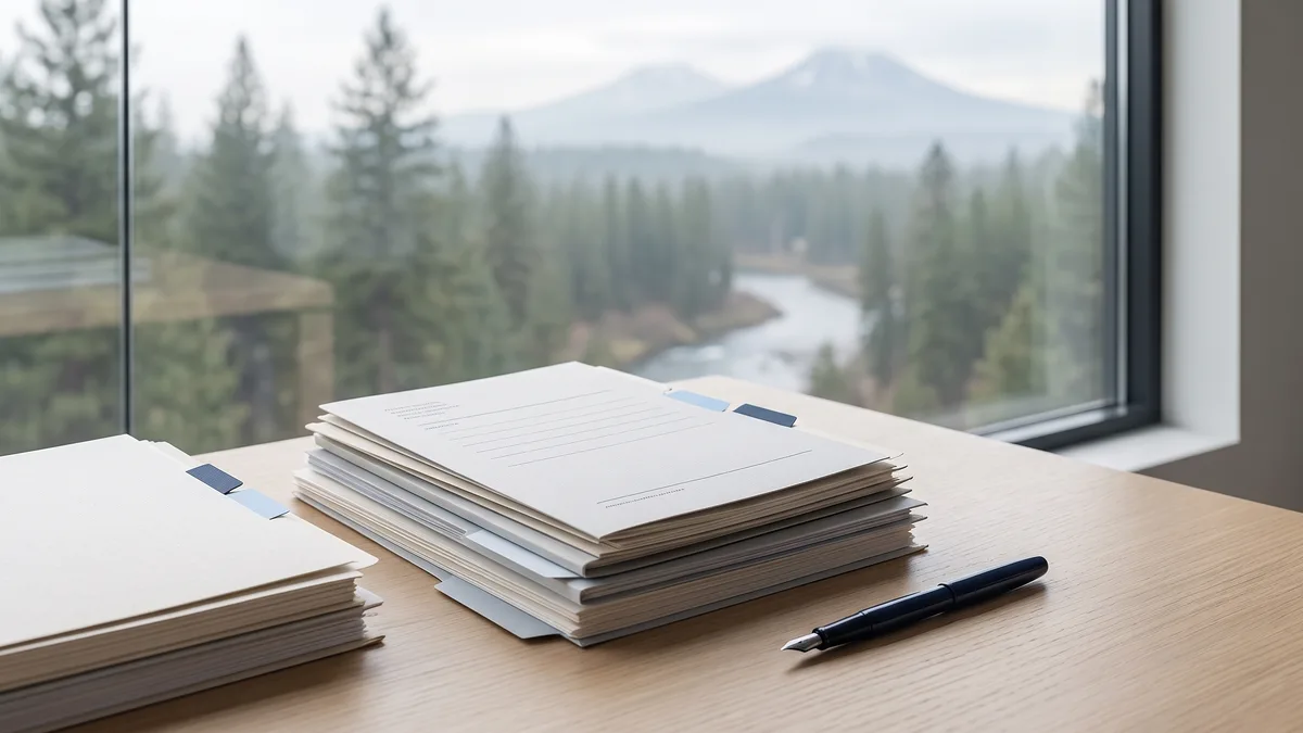 A law office desk with neatly stacked case files beside a window looking out on Oregon scenery.