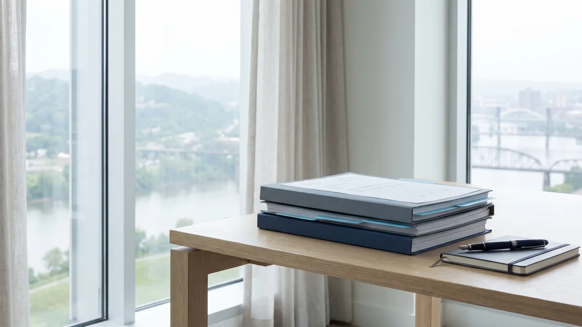 A law office desk with neatly stacked case files beside a window looking out on Pennsylvania scenery.
