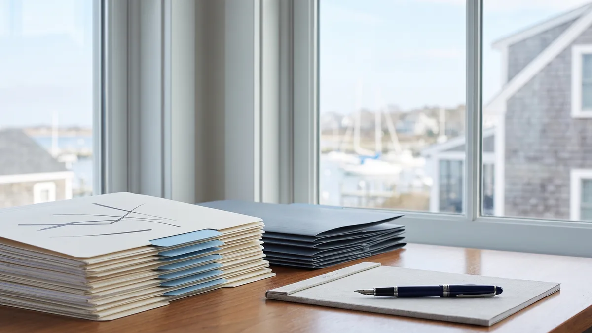 A law office desk with neatly stacked case files beside a window looking out on Rhode Island scenery.