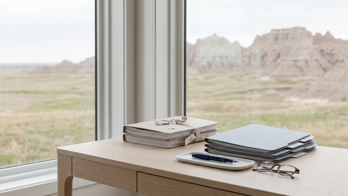 A law office desk with neatly stacked case files beside a window looking out on South Dakota scenery.